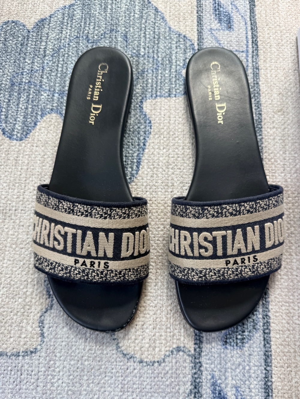 Dior Navy and Cream Christian Dior Logo Slide Mules
